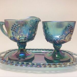 Harvest Indiana Glass Co. Contemporary Carnival sugar,‎ creamer and tray set.